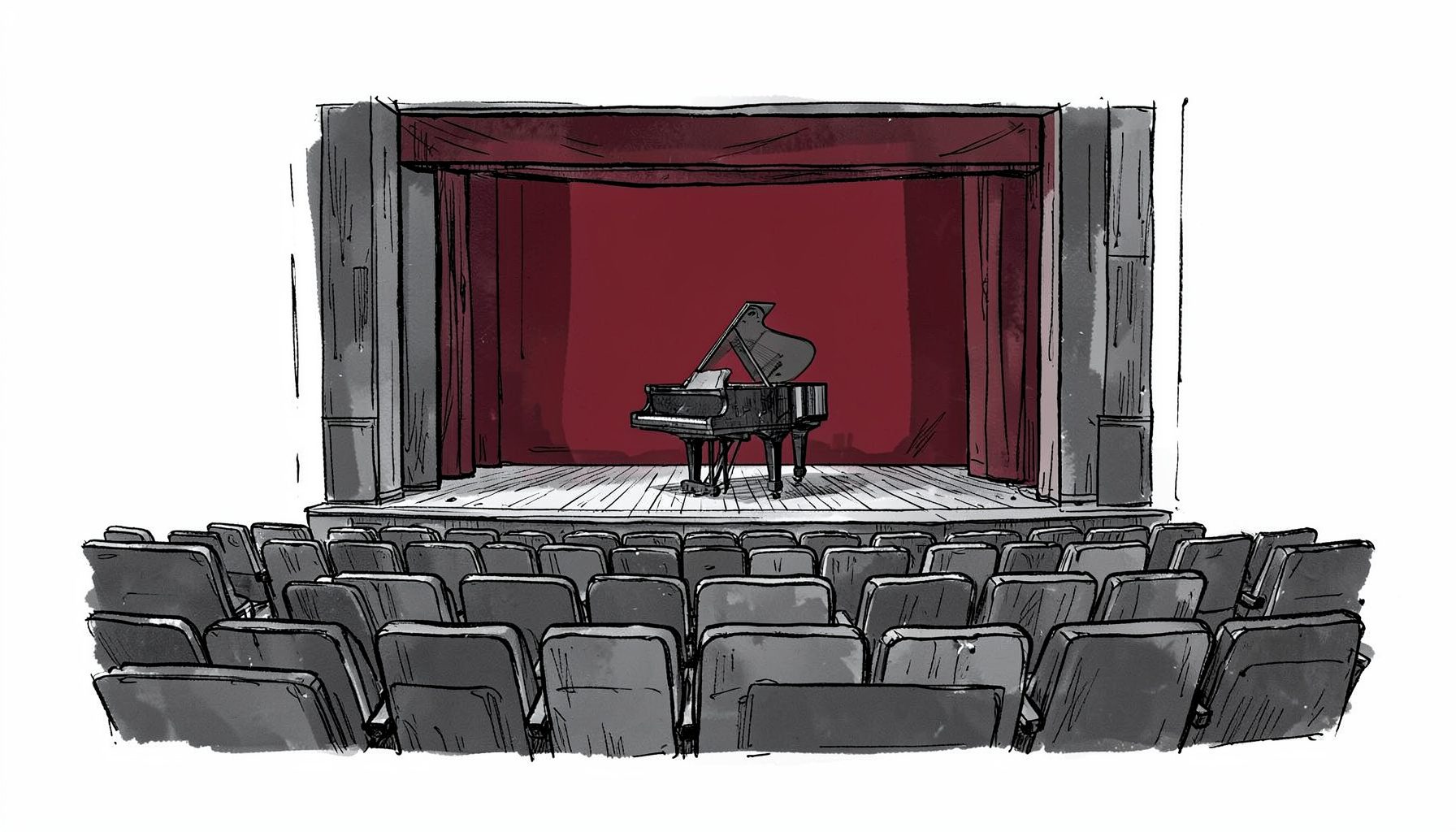 Ilustración a tinta de una sala de conciertos vacía con un piano de cola en el escenario, vista desde las butacas, en tonos suaves